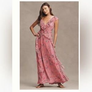BHLDN LYLA PRINTED V-NECK RUFFLE GOWN
